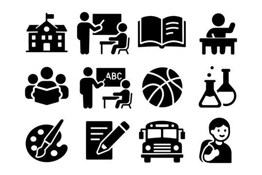School education icons set: classroom teaching, learning materials, and student activities