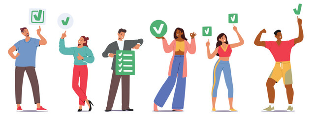 Diverse people cartoon characters rejoicing completed task with done marks checkboxes isolated set