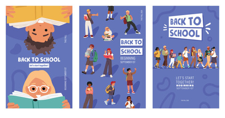 Back to school posters blue promotion templates set with happy children start to study together