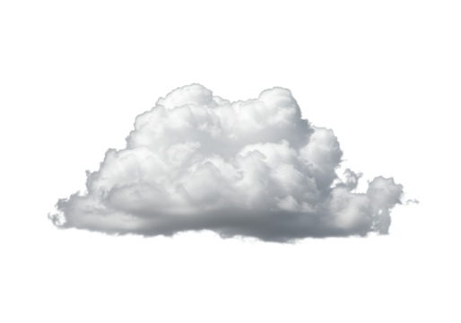 Pristine, soft white cumulus cloud, volumetric, billowy, with intricate layers and subtle shading, suspended against a clean white background with bright studio lighting, concept of peace and