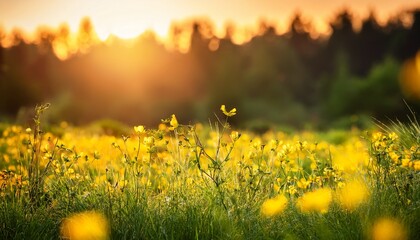 abstract soft focus sunset field landscape of yellow flowers and grass meadow warm golden hour sunset sunrise time tranquil spring summer nature closeup and blurred forest background idyllic nature