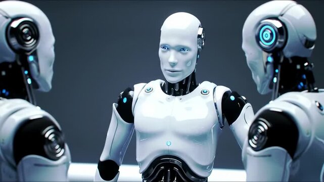 Three futuristic robots in discussion