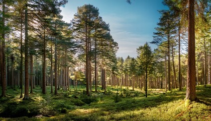 Obraz premium a beautiful forest with a mix of pine and oak trees the trees are scattered throughout the scene creating a serene and natural atmosphere