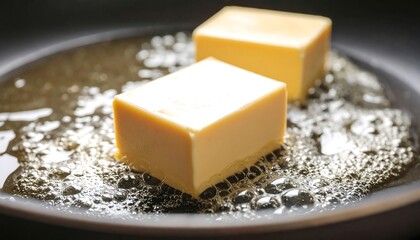 Two butter cubes melting in a hot pan