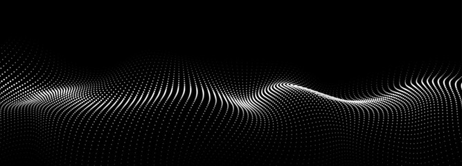 Wave of flowing particles on a dark background. Abstract backdrop with dynamic elements of waves and dots. Vector