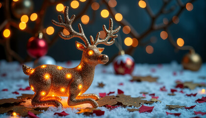 Lit decorative reindeer figurine surrounded by Christmas ornaments  