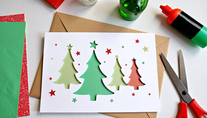 Handmade Christmas cards featuring decorated trees and craft supplies  