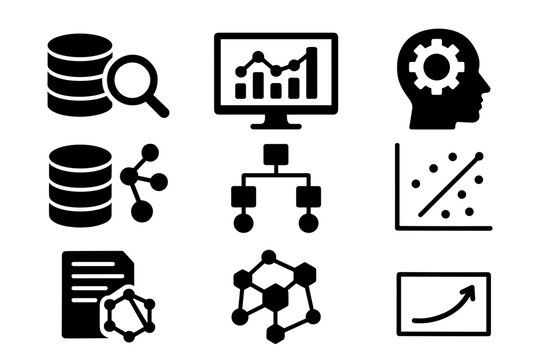 Data analysis icons set: charts, network, and strategy symbols