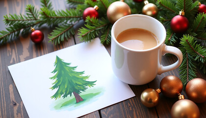 Coffee cup beside Christmas card and decorative ornaments on table  