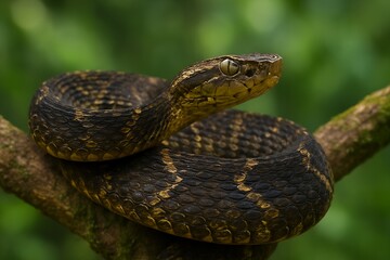 Obraz premium Fer de Lance Snake Coiled on a Branch Against Green Foliage, a Venomous Pit Viper from Central and South America