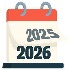 Desktop calendar turning from 2025 to 2026, flat minimal style with red top spiral and clean typography