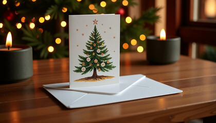 Christmas card with decorated tree on table surrounded by candles  