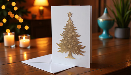 Gold Christmas tree card displayed on wooden table with candles  