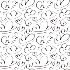 Vector seamless pattern of playful hand-sketched outlined clouds in naive style. Crayon drawings black and white repeatable backdrop. Minimalistic naive wallpaper.