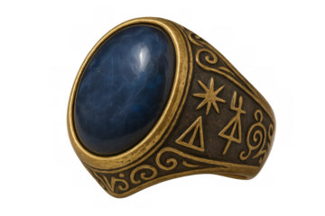 Golden ring featuring a large, oval-shaped blue gemstone and intricate symbols, isolated on a transparent background
