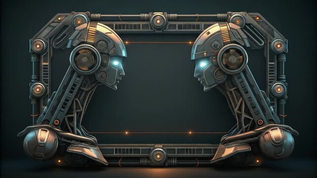 A futuristic robot head frame with glowing blue eyes and intricate mechanical details