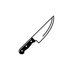 Simple black and white illustration of a kitchen knife with a sharp blade and black handle for various culinary applications