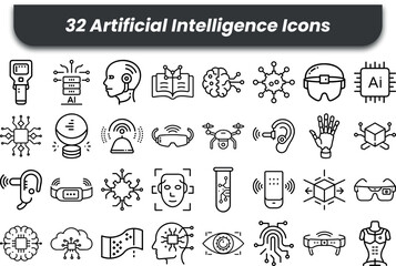 Vector art of artificial intelligence icons depicting futuristic technology isolated on white background