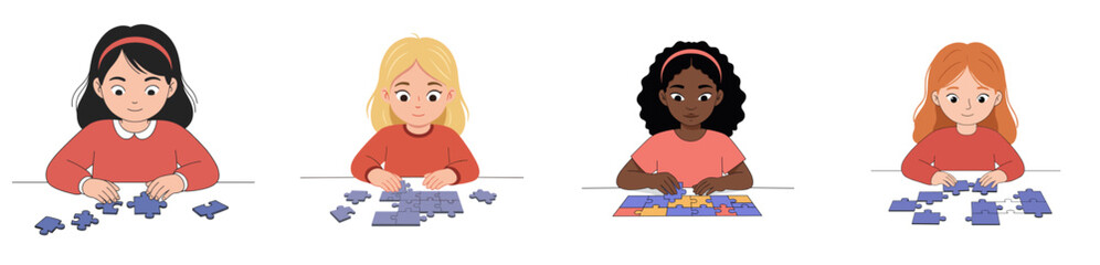 Child doing puzzle together with joy and focus, white background, isolated, vector, set  