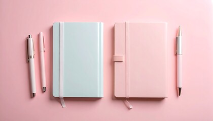 Two pastel-colored notebooks and pens on a pink background