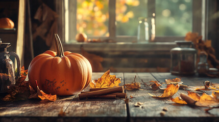pumpkin on rustic wooden table, autumn still life, dry leaves, cinnamon sticks.
