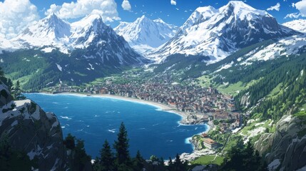 Obraz premium Picturesque alpine town nestled beside a sparkling lake, framed by snow-capped peaks.