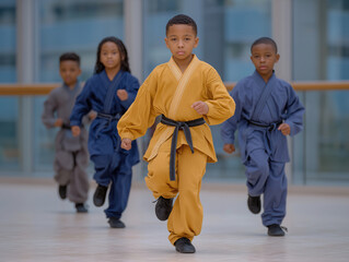 Group of children in colorful martial arts uniforms practicing together, showcasing teamwork and discipline in a bright training studio with wooden floors and large windows