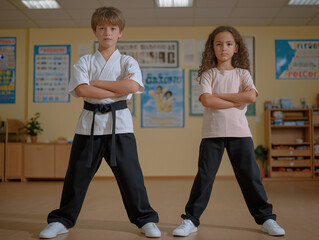 Young martial artists, a boy in a white gi and a girl in casual attire, pose confidently in a dojo, showcasing their skills and determination in a training environment