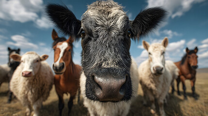 Obraz premium Farm animals together in field