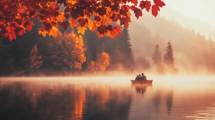 Fototapeta premium Couples enjoy a tranquil boat ride on a misty lake surrounded by autumn foliage