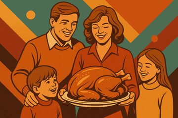 Smiling family enjoying Thanksgiving dinner with a turkey feast. Use for holiday celebrations, family meals, and festive gatherings.

