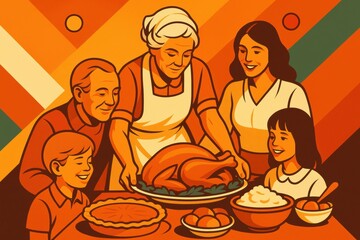 Family sharing a festive Thanksgiving meal with a golden turkey. Ideal for holiday, family celebrations, and traditional dinners.
