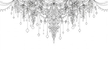 Intricate floral mandala design with hanging ornaments, detailed botanical illustration for coloring book or creative design