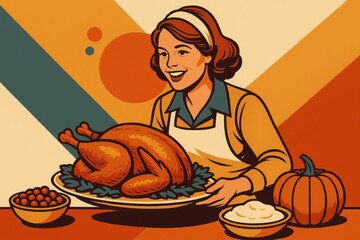A Thanksgiving feast with a roasted turkey, sides, and a pumpkin. Ideal for Thanksgiving, holiday meals, and family gatherings.
