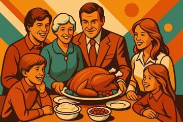A Thanksgiving meal with a roasted turkey, mashed potatoes, and wine. Ideal for Thanksgiving, family meals, and holiday dining.
