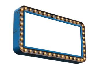 Retro marquee sign with aged metallic frame and bright incandescent bulbs, vibrant blue border, isolated on a white background with studio lighting. Concept for design template