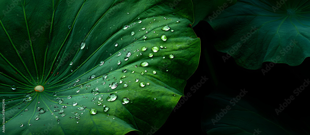 Poster green lotus leaf with water droplets on textured dark green background displaying clear space for pr