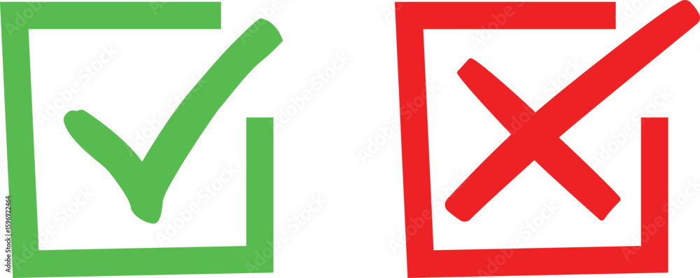 Poster green check mark and red cross in square boxes symbolizing correct and incorrect choices isolated on