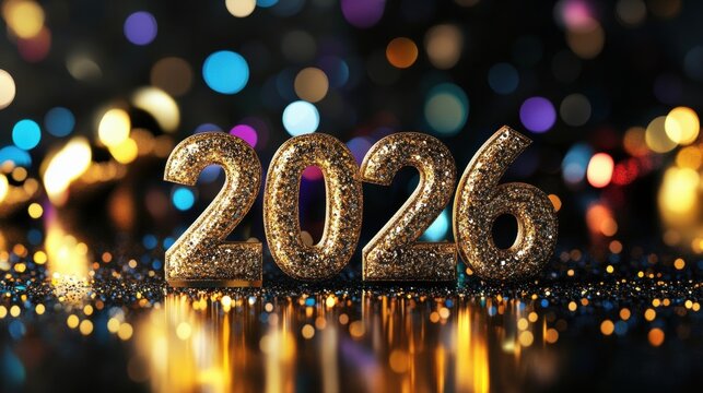 Glittering 2026 display with colorful bokeh background for new year celebration