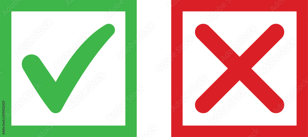Poster green check mark and red cross symbol inside square boxes isolated on a white background