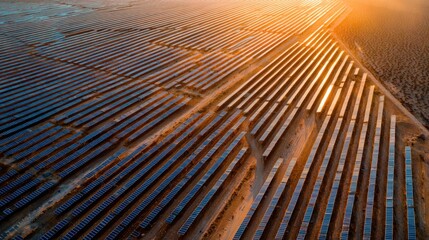 Solar panels field at sunset