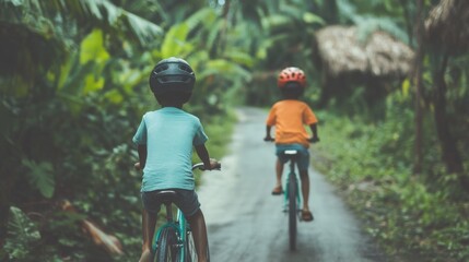 Two children riding bicycles on a tropical path surrounded by greenery