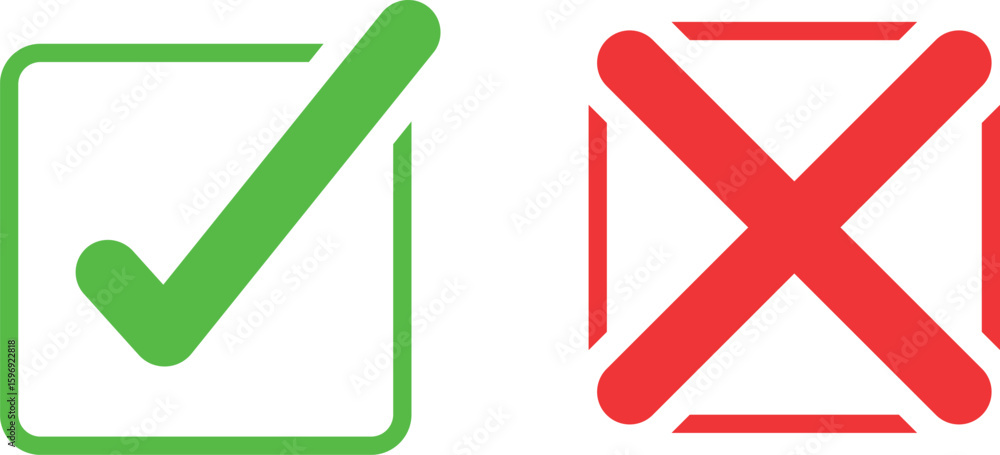 Poster green check mark and red cross symbols in boxes isolated on a white background