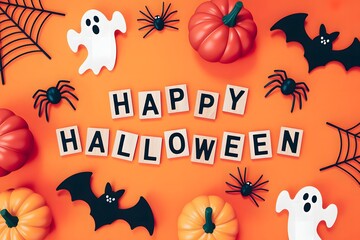 Spooky halloween decorations including pumpkins ghosts bats spiders and the words happy halloween