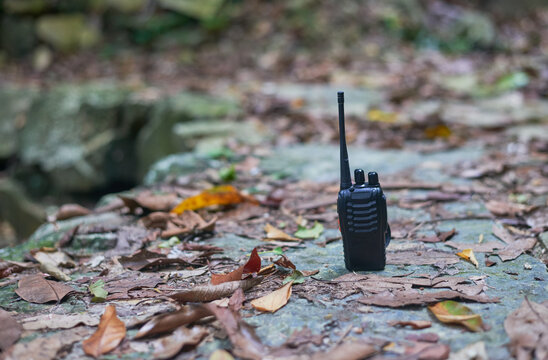 Black two-way radio on a leaf-covered forest floor, concept of preparedness, remote operations, and wilderness safety.