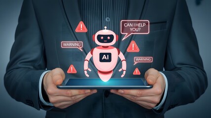 Businessman holding a tablet displaying a holographic ai robot with warning symbols and speech bubbles