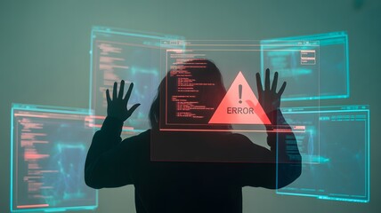 Hacker illuminated by glowing digital screens displaying data and a warning symbol
