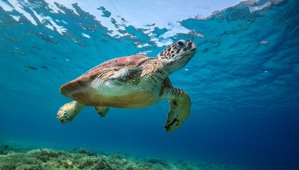 Obraz premium graceful sea turtle swimming through crystal clear ocean waters
