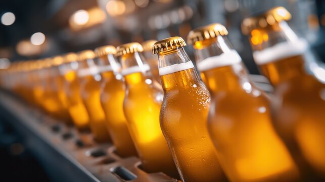 Bottles of beer on an assembly line in a brewery during production
