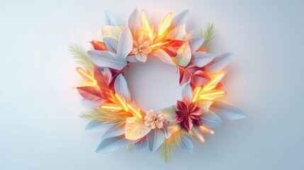 Fototapeta premium Decorative wreath with lights and seasonal foliage for festive occasions